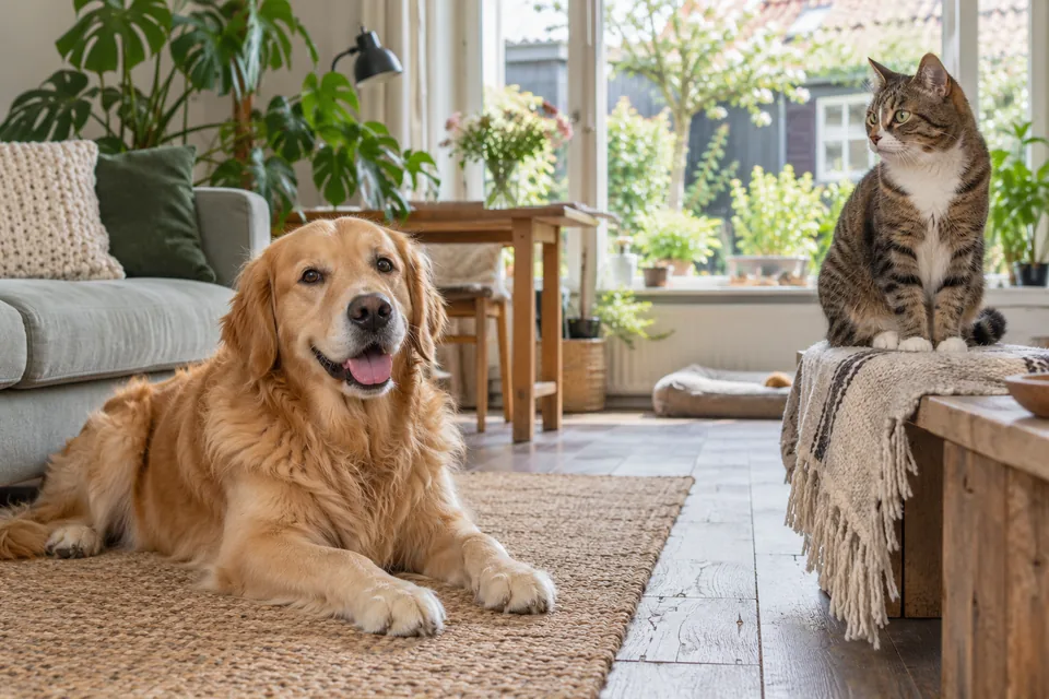 Hond en kat in een rustige, huiselijke omgeving