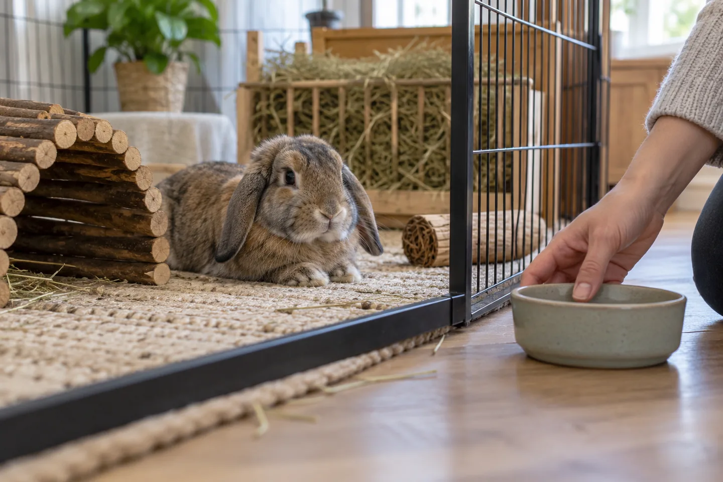 Konijn in een ruim verblijf met hooi en een houten tunnel