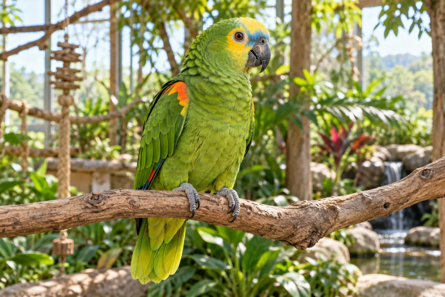 Groene amazonepapegaai op een natuurlijke tak in een ruim vogelverblijf