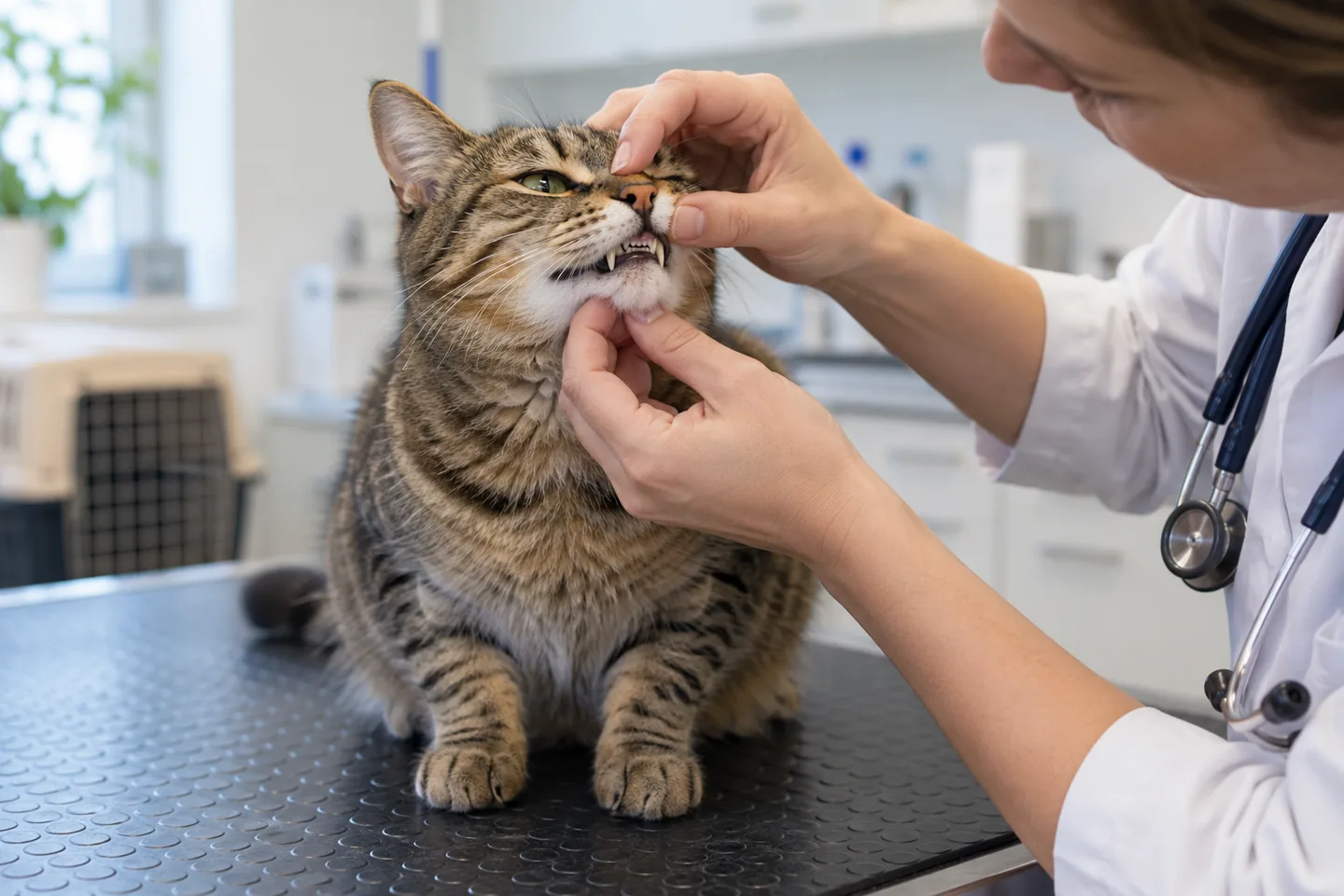 Dierenarts bekijkt voorzichtig het gebit van een kat